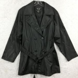 Fu Da Womens Raincoat Black Belted Double Breasted Water Resistant Shiny‎ M